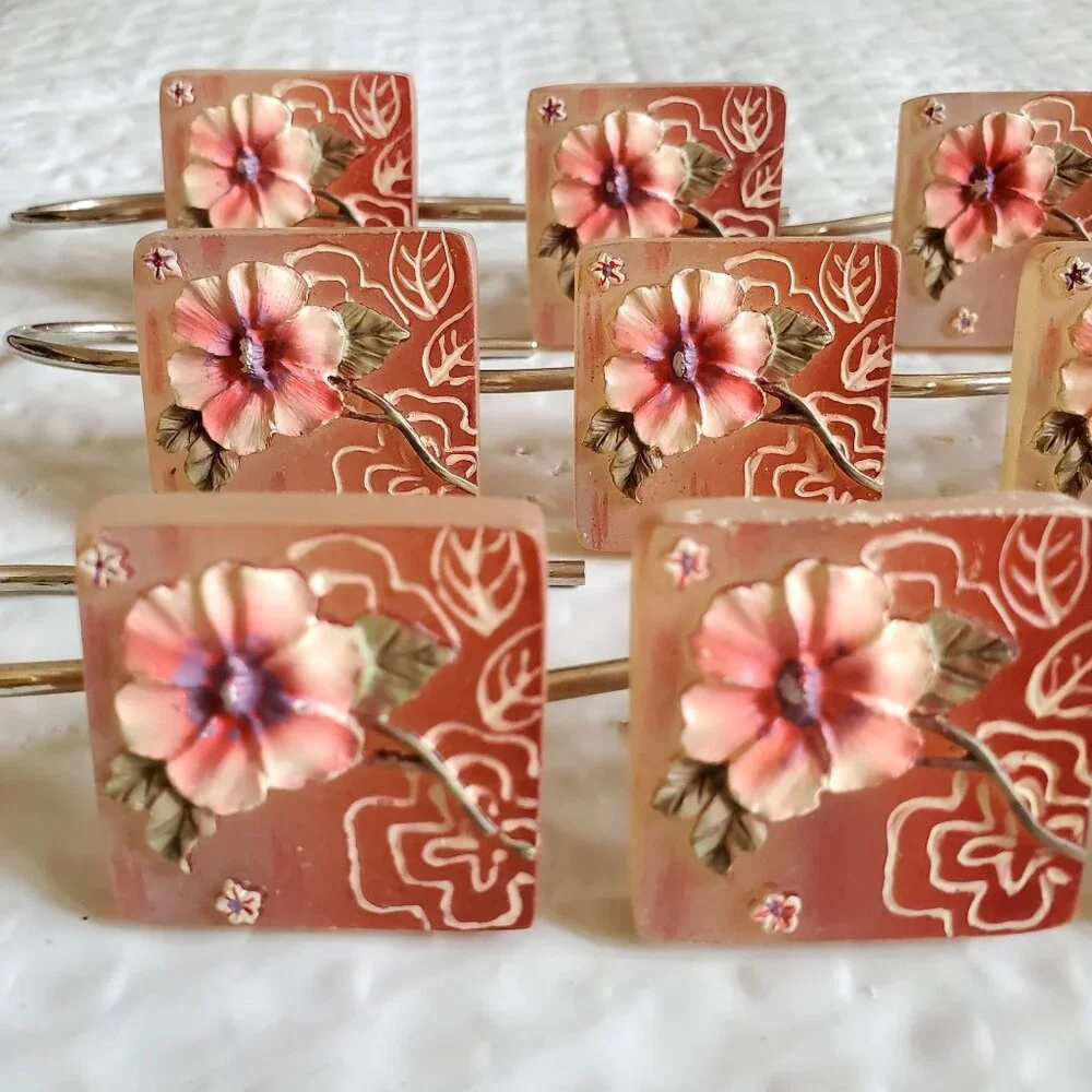 NWOT Shower Curtain Hangers Tropical Hawaiian 3D Sea Glass Resin Floral Hibiscus